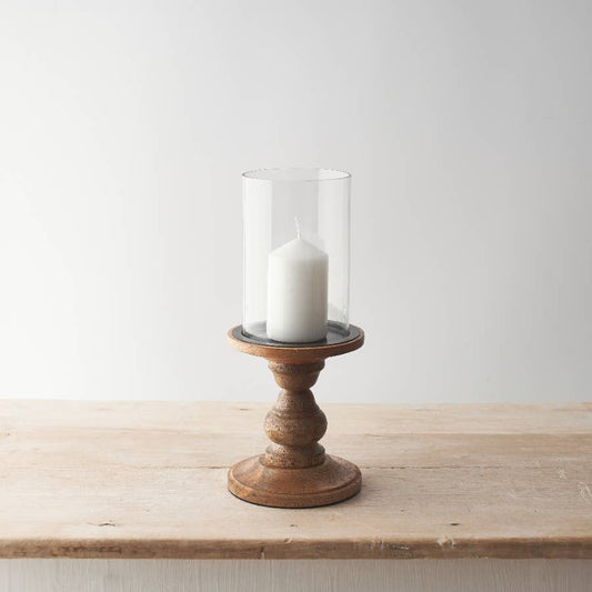 Glass Pillar Candle Holder – Tall Glass Hurricane with Wooden Base, 30cm - RW Home & Garden