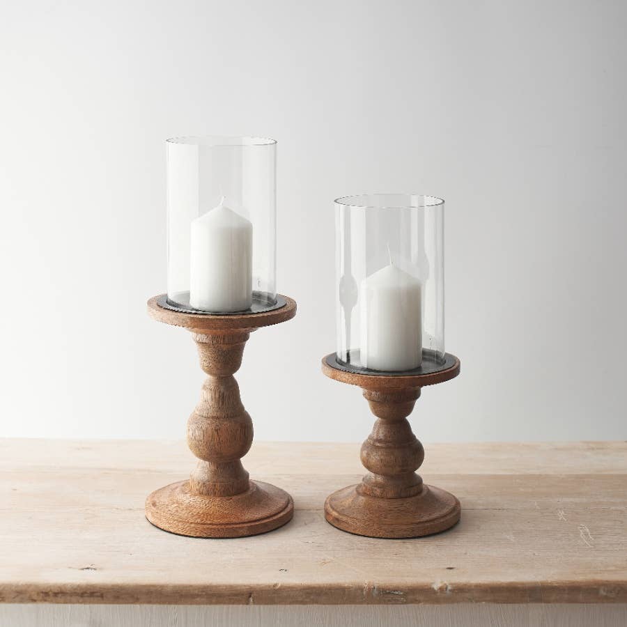 Glass Pillar Candle Holder – Tall Glass Hurricane with Wooden Base, 30cm - RW Home & Garden