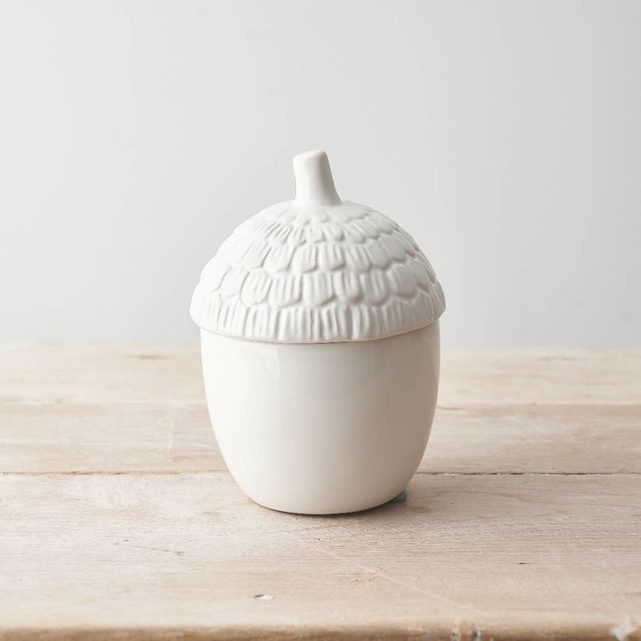 White Acorn Container – Ceramic Autumn Storage Jar, 14.5cm - RW Home & Garden