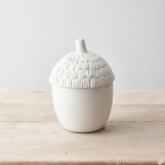 White Acorn Container – Ceramic Autumn Storage Jar, 14.5cm - RW Home & Garden